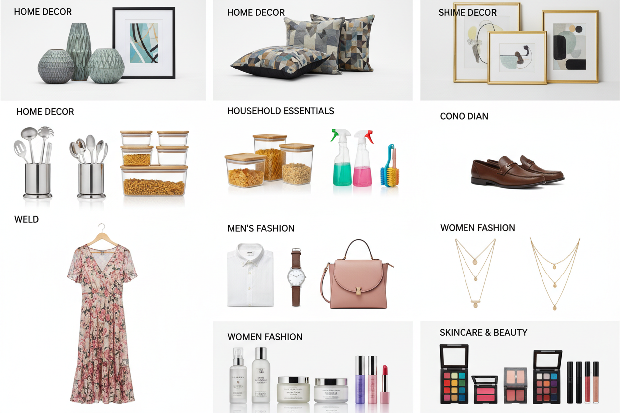 combine home decor items household items mens fashion womens fashion and skin care products in one image in collage manners for my store landing page