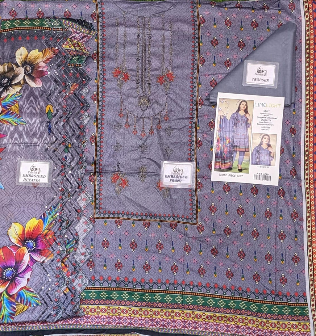 Lime Light Lawn Embroidered 3‑Piece Set | Digital Print Shirt, Dyed Trouser & Cutwork Dupatta