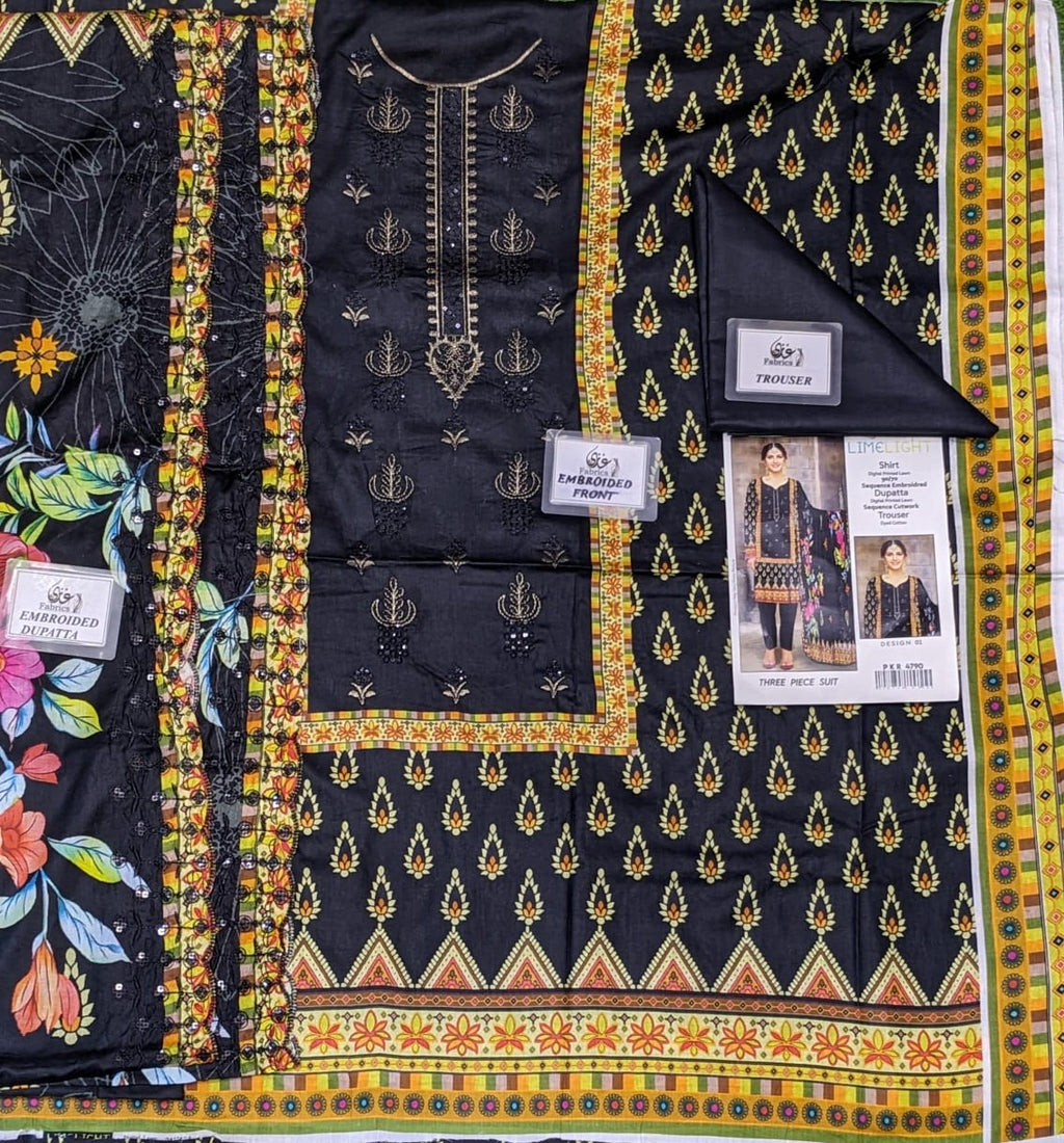 Lime Light Lawn Embroidered 3‑Piece Set | Digital Print Shirt, Dyed Trouser & Cutwork Dupatta