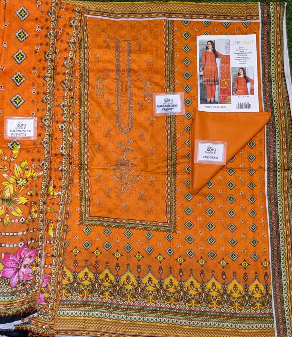 Lime Light Lawn Embroidered 3‑Piece Set | Digital Print Shirt, Dyed Trouser & Cutwork Dupatta