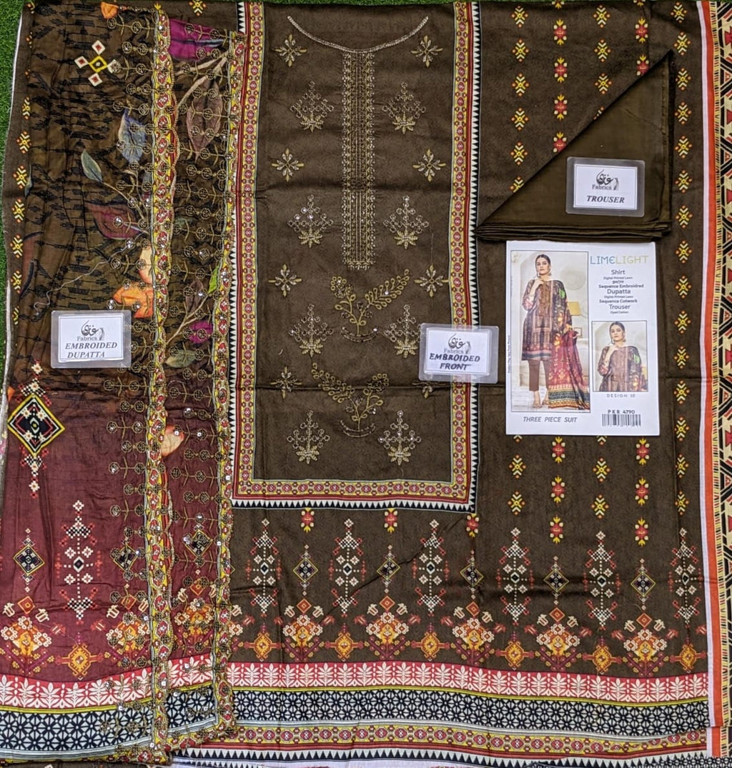 Lime Light Lawn Embroidered 3‑Piece Set | Digital Print Shirt, Dyed Trouser & Cutwork Dupatta