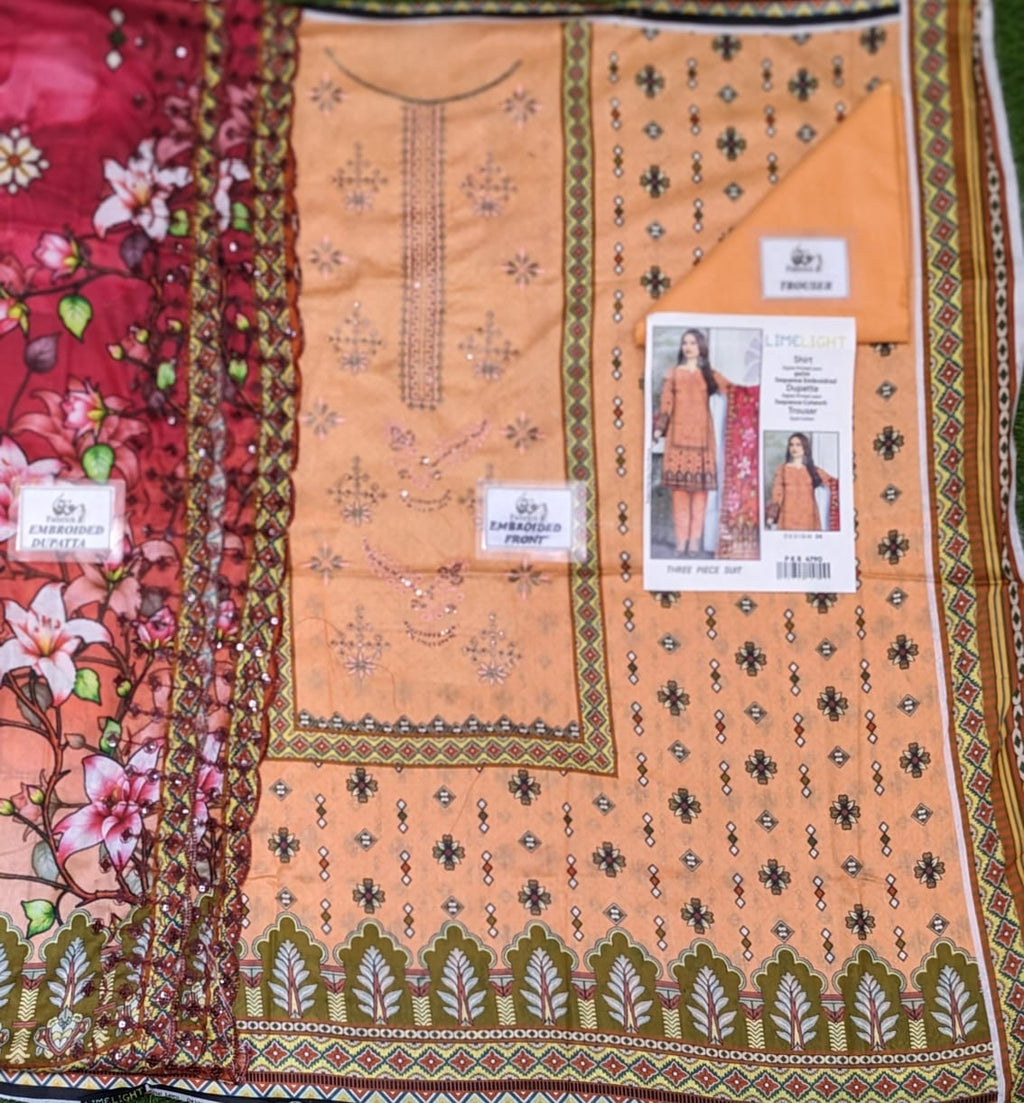 Lime Light Lawn Embroidered 3‑Piece Set | Digital Print Shirt, Dyed Trouser & Cutwork Dupatta