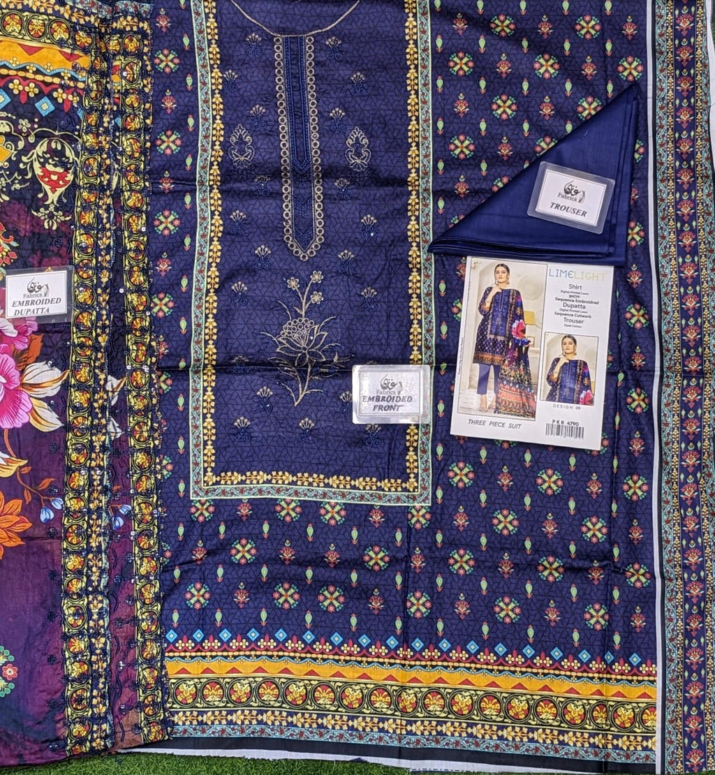 Lime Light Lawn Embroidered 3‑Piece Set | Digital Print Shirt, Dyed Trouser & Cutwork Dupatta