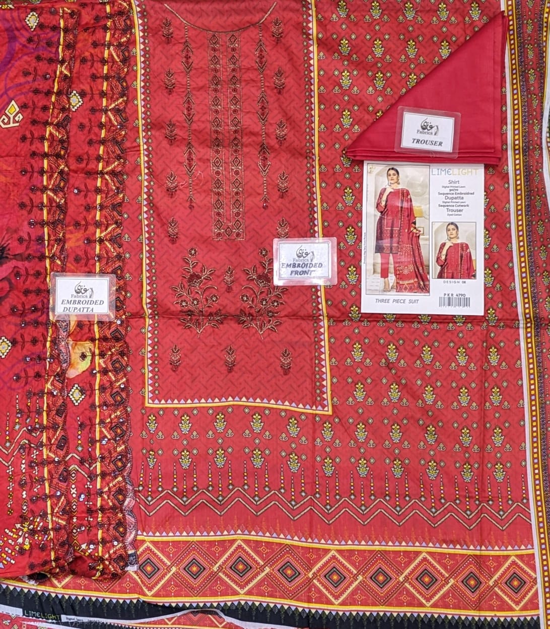 Lime Light Lawn Embroidered 3‑Piece Set | Digital Print Shirt, Dyed Trouser & Cutwork Dupatta