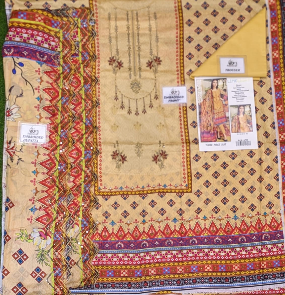 Lime Light Lawn Embroidered 3‑Piece Set | Digital Print Shirt, Dyed Trouser & Cutwork Dupatta